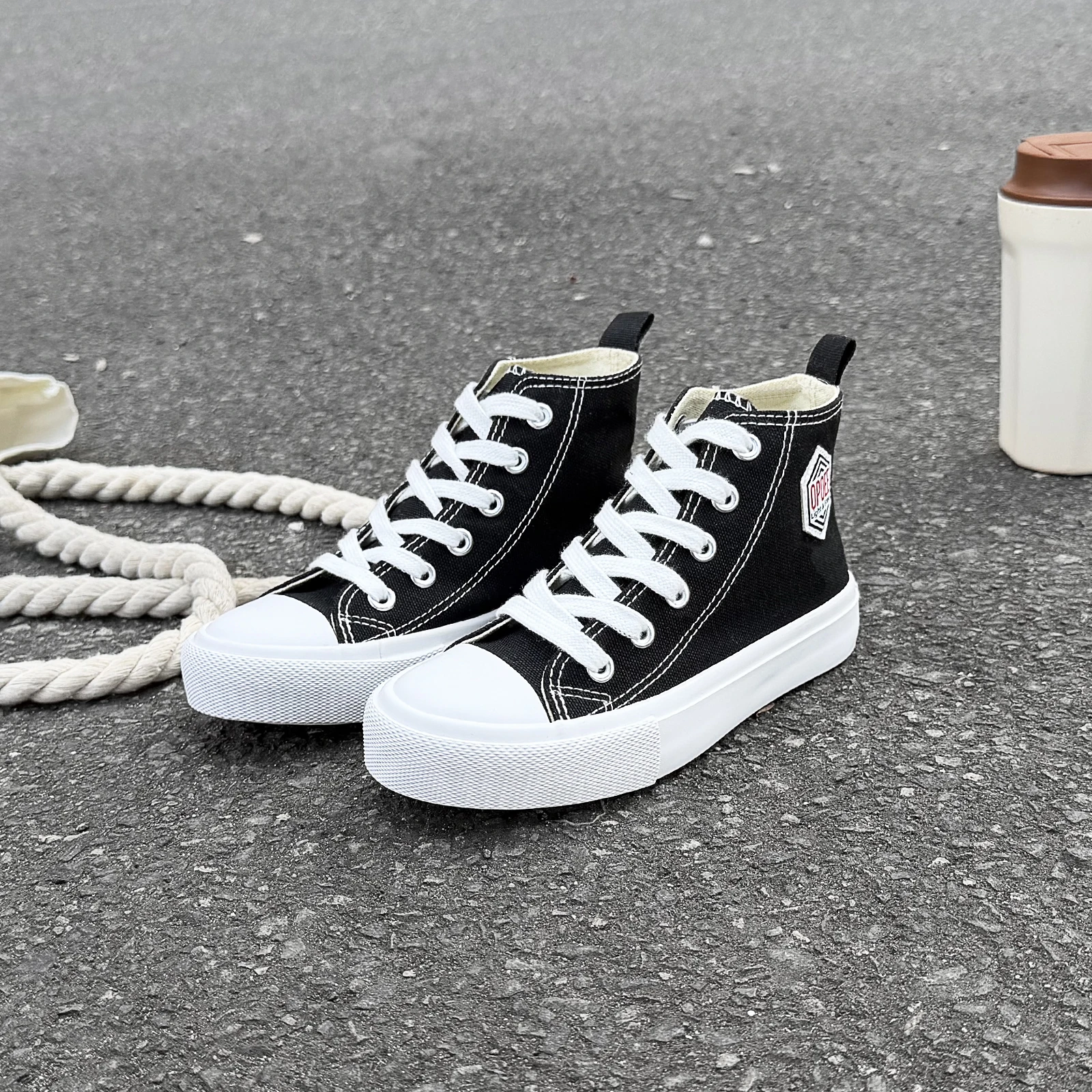 1123Spring and Autumn New Children's Breathable Canvas Shoes High Top Strap Solid Color Korean Edition Boys and Girls BoardShoes
