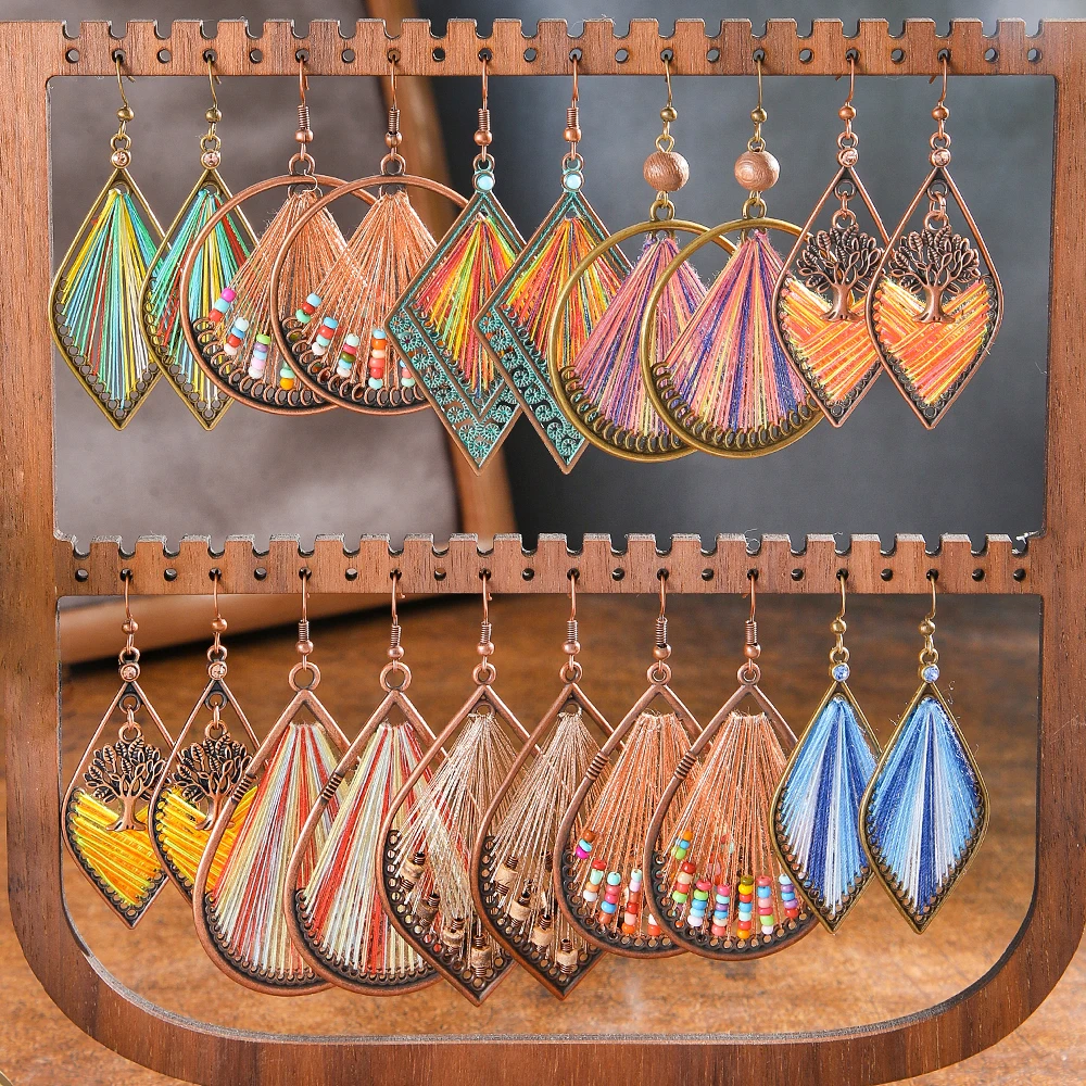 أقراط بوهو المتدلية بتصميم حريري ملون مطرز بإطار معدني مصنوع يدويًا، ملابس يومية للتخسيس والعطلات متعددة الاستخدامات