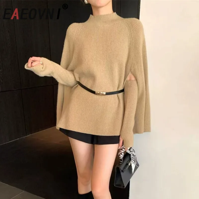

EAEOVNI Temperament Knitted Pullover Sweater Women Stand Collar Sleeve Spliced Design Elegant Tops Fashion Autumn Winter New
