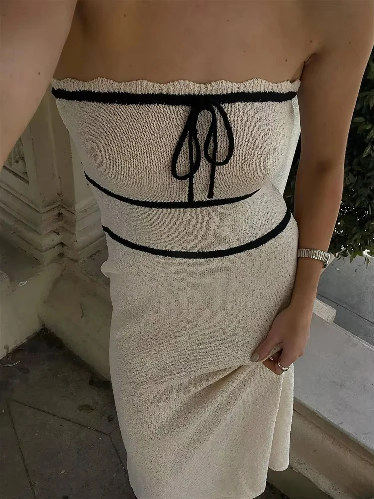 Knit Patchwork Backless Long Dress Women Elegant Fashion Bandage Slim Contrast High Waist Dress Female Knitwear Maxi Dress