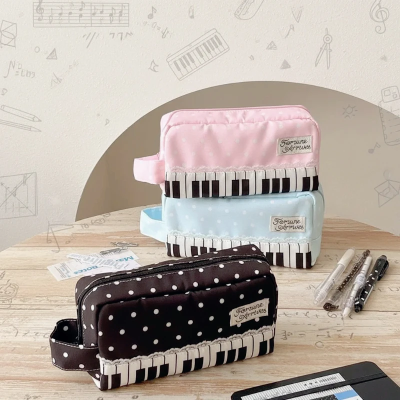 Kawaii Polka Dot Piano Key Print Pencil Case With Handle Large Capacity Pencil Pouch Stationery Pouch Gift School Supplies Girls