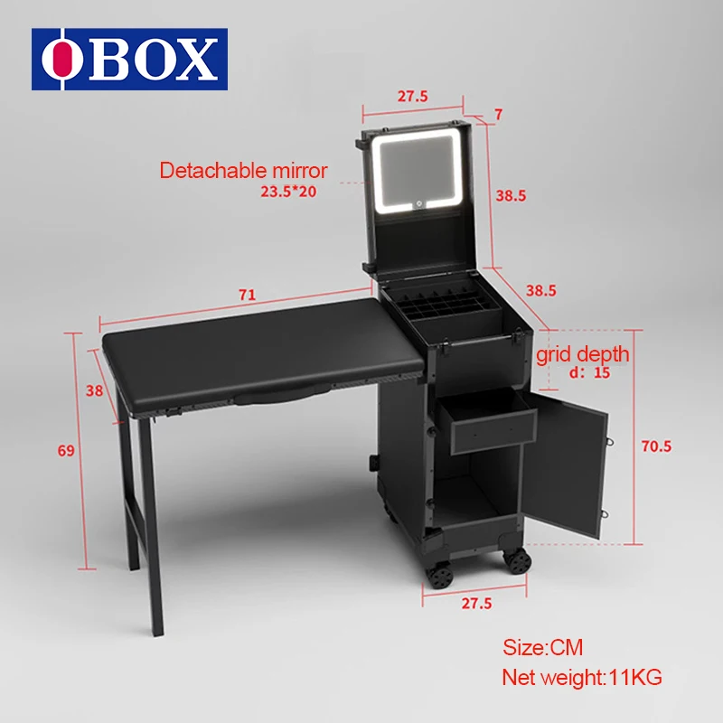 Mesa de manicura Obox Factory Supply con espejo iluminado que cambia de color, escritorio de manicura con cajón y estuche de maquillaje para salón de belleza.