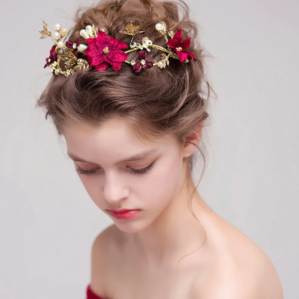 عصابة رأس على شكل زهرة حمراء، غطاء رأس لحفلات الزفاف للنساء، إكسسوارات شعر زفاف خفيفة الوزن ومريحة