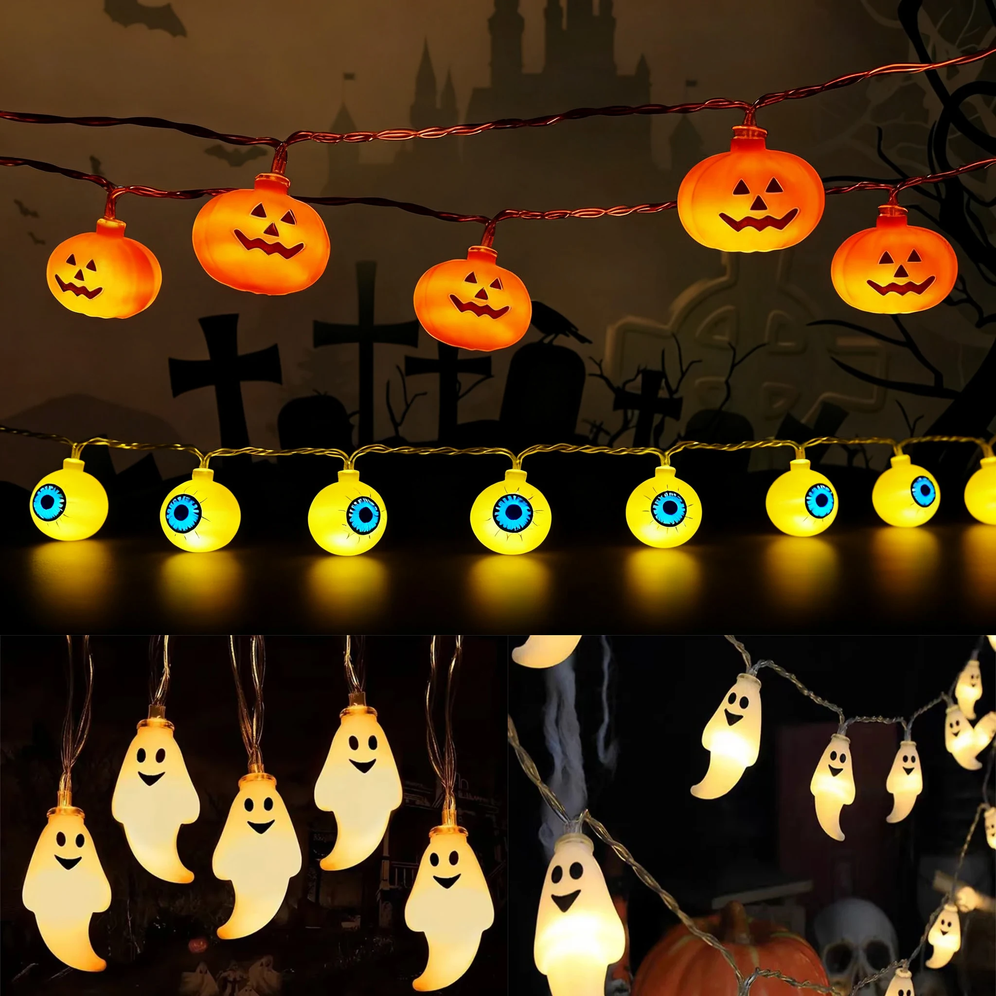 Pop Halloween Atmosphere String Lights Pumpkin Ghost Spider Web 3D LED Lamp Battery Powered Horror Decorative For Window Porch P
