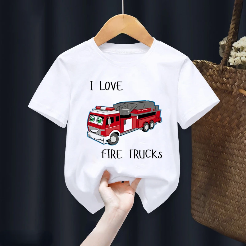 I Love Excavators Fire Trucks Garbage Trucks Cranes T Shirt Happy Birthday Gift Boy Girl Tshirt Party Gift Kids Clothes Tops