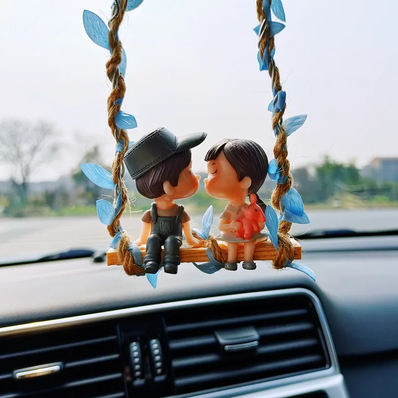 Cute Cartoon Car Ornaments Swing Couples Rearview Mirror Hanging Pendant Interior Romantic Couple Dashboard Decor Accessories