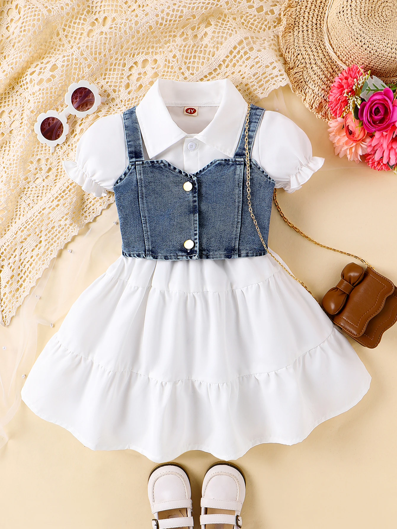 2 PCS Summer New Style 3-7 Years Old Small And Middle School Girls Simple Casual Suspender Denim Vest + Shirt Dress Set