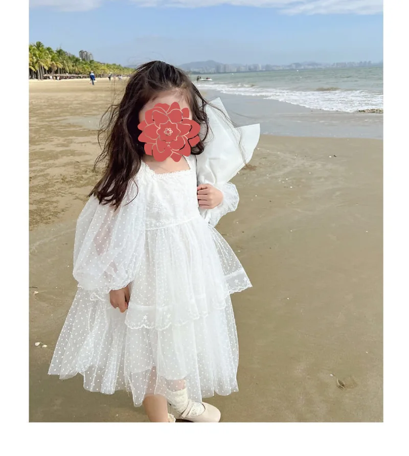 Girls' Summer Dress 2024 New Long Sleeved Beachwear Baby Gauze White Birthday Dress Kids Clothes Children's Princess Dress