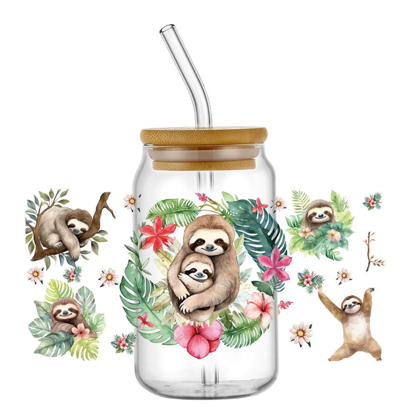 MINISO 3D Bradypode Series Decal 16oz Libbey UV DTF Cup Wrap DIY Mug Waterproof Sloth Transfer Sticker