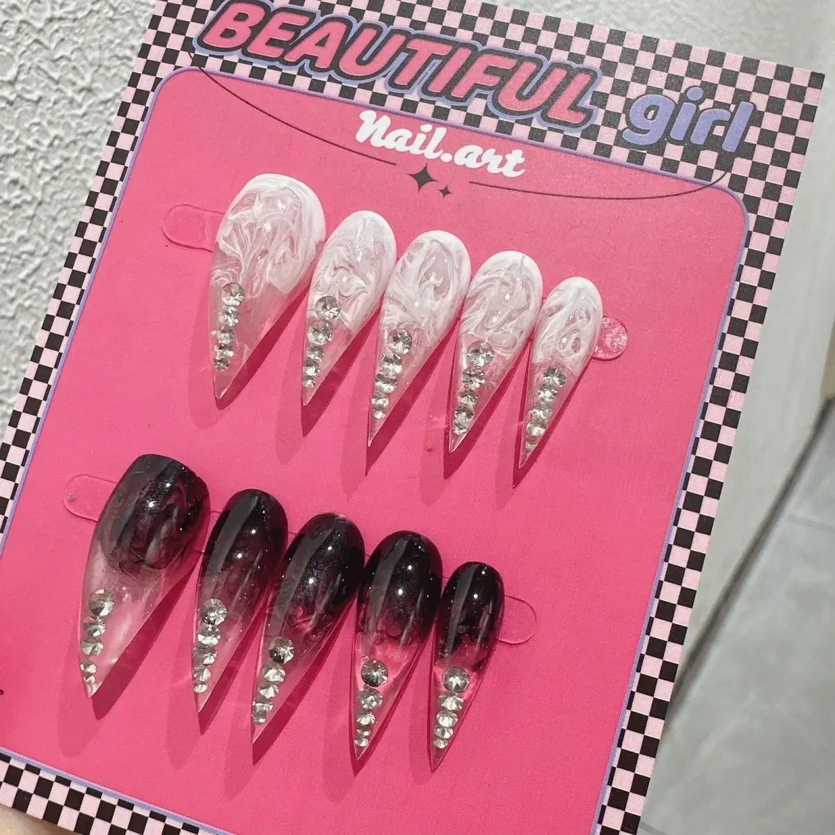 10PCS Handmade Cat Claws Press On Nails Y2K Rhinestone Long Dragon Shape  Acrylic False Nail Tips Customized Fake Nail With Glue