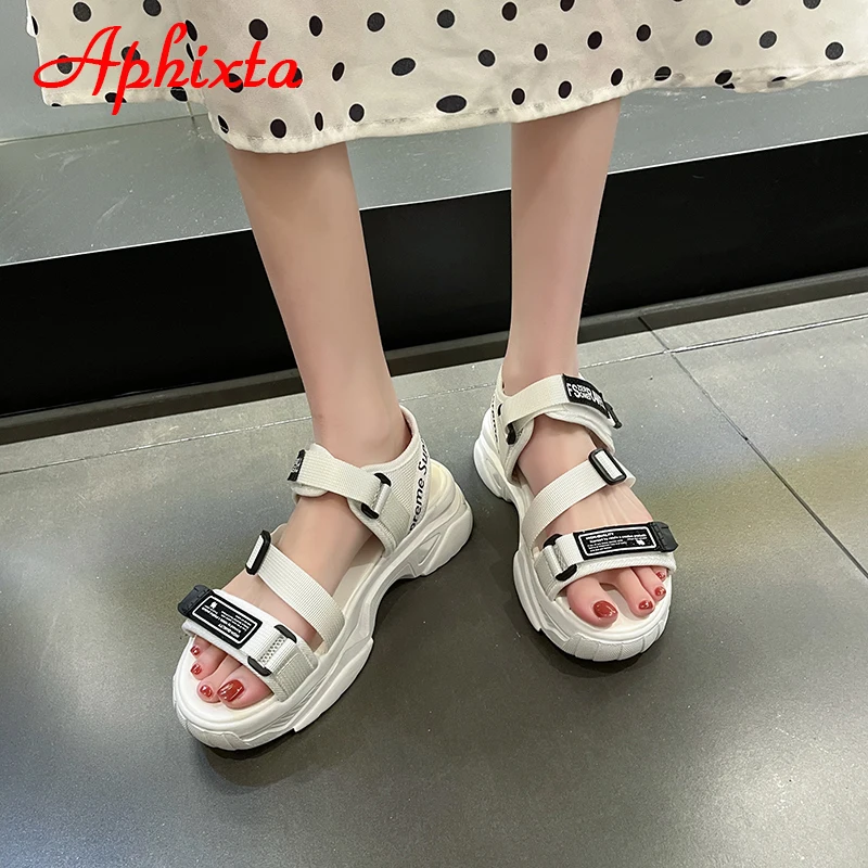 Aphixta 2023 New Summer Hook & Loop Platform Sandals Women Beach Cool 3cm Heel Shoes Letters Slides Plus Size 42