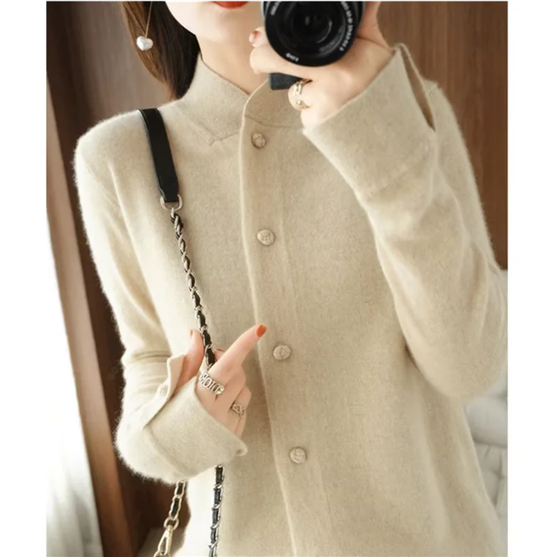 New Knitted Cashmere Sweater Women 2024 Spring Autumn Stand Collar Cardigan Women Long Sleeve Premium Wool Sweater Coat Top 2625