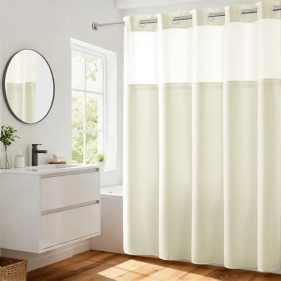 

Heavyweight No Hooks Required Dotted Waffle Weave Shower Curtain with Snap in Liner - 71W x 74H, Hotel Grade, Spa Like Bath Cur