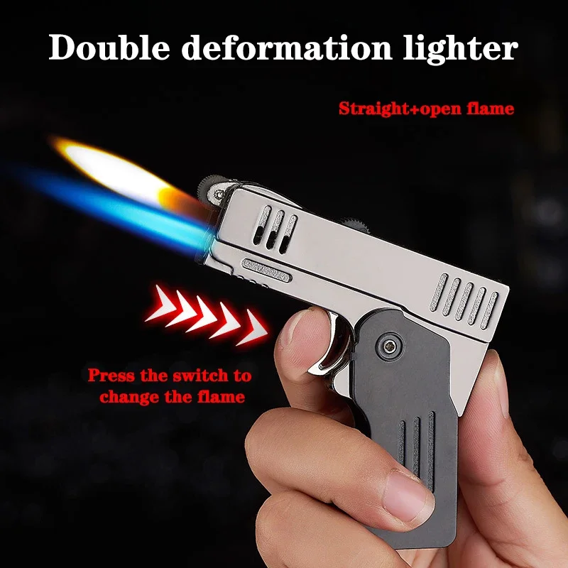 New Creative Folding Deformable Butane Gas Lighter Double Fire Switch Pistol Shape Lighter Nightlight  Funny Men's Gadgets