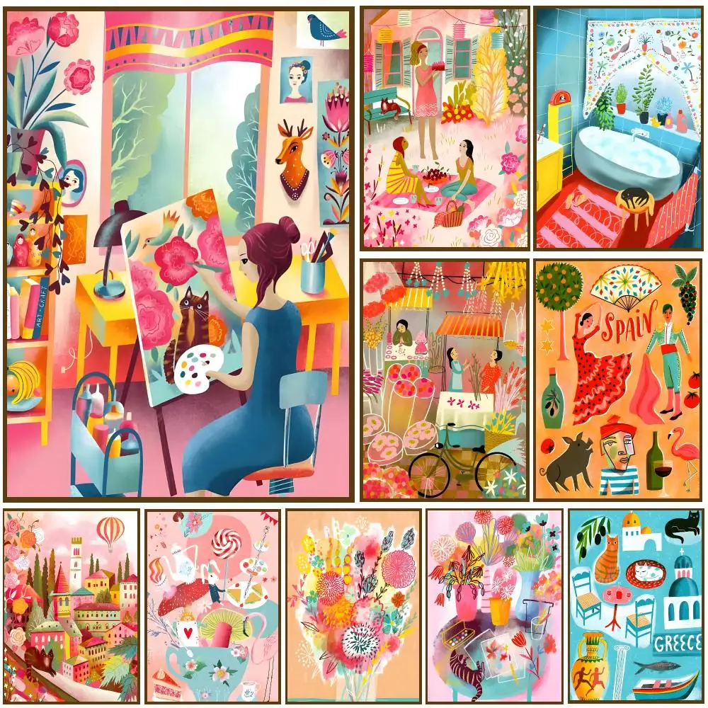 Boho Fashion Girl Drawings Poster Wall Stickers Self Adhesive Painting HD Art Decals for Bedroom Living Room Home Decor