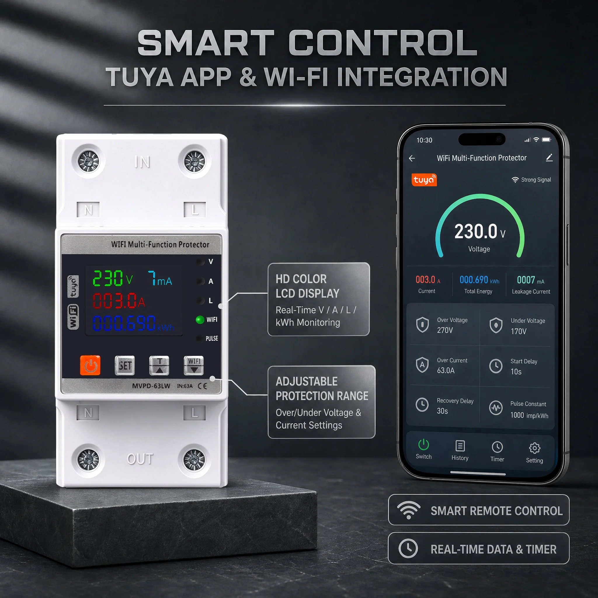 Tuya Smart WiFi Over Voltage Under Voltage Protector 1-63A 220V Adjustable Dual Relay LCD Display Energy Consumption Monitoring