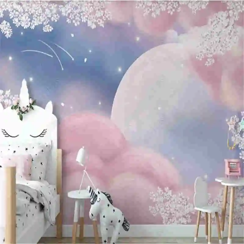 

Nordic Fantasy Sakura Wallpaper for Kid's Room Pink Clouds Starry Sky Children's Room Background Wall Paper Home Decor Mural