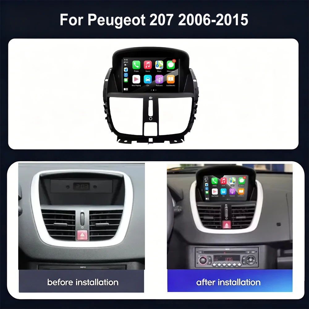 Android 16 Carplay Auto For Peugeot 207 2006-2015 4G WIFI GPS Navigation Lntelligent Multimedia Touch Screen BT
