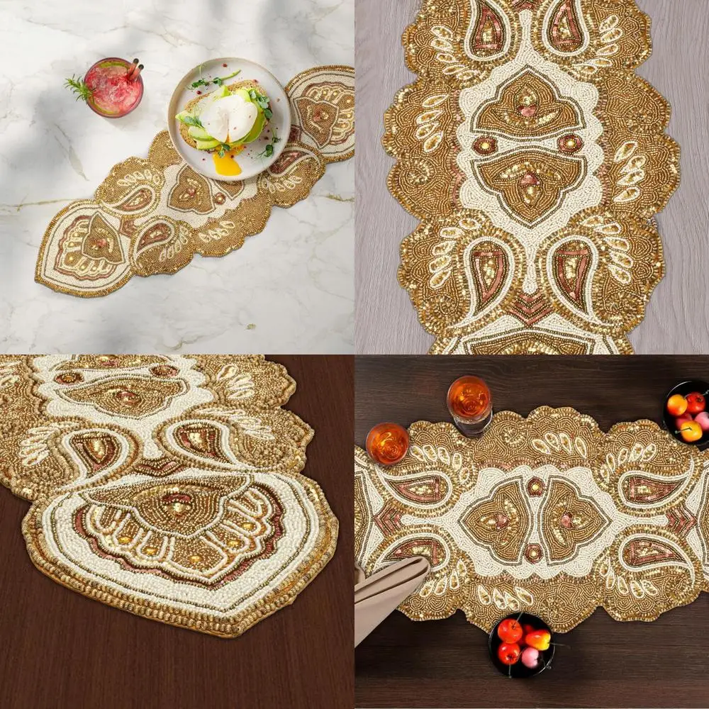 

Elegant Beaded Christmas Table Runner with Gold Paisley Embroidery for Festive Celebrations