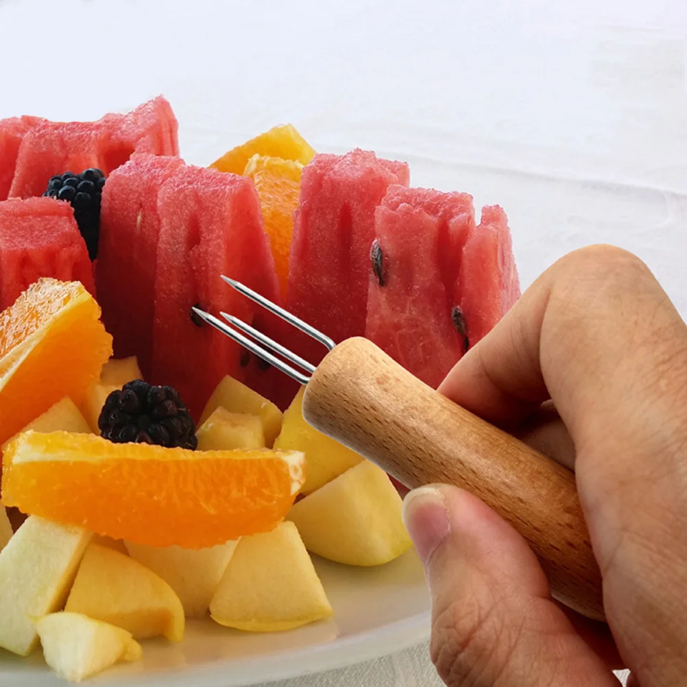 

Corn Forks Stainless Steel Wooden Handle Ergonomic Grip Bbq Corn Holders Sharp Fruit Food Fork Fruit Fork Food Forks