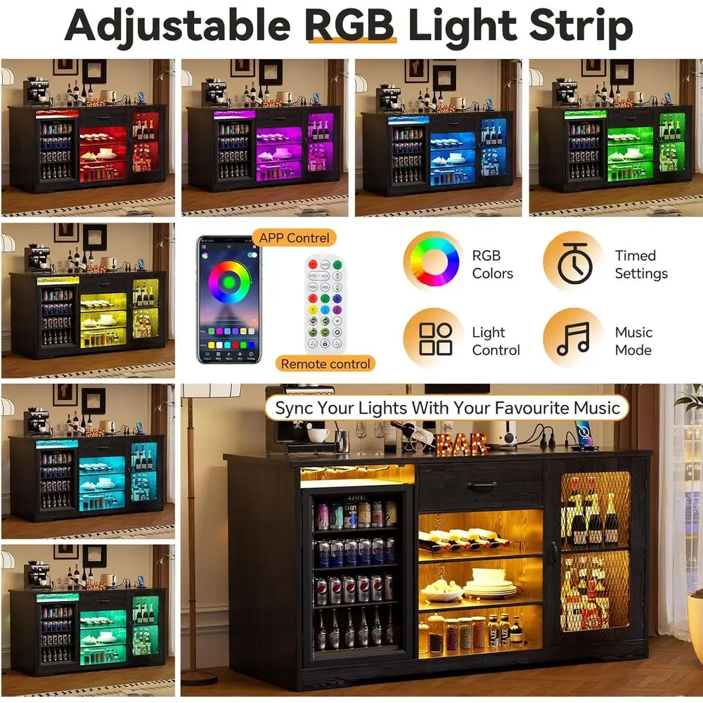 Bar Cabinet with Fridge Space, LED Light, Charging Station, Long Liquor Cabinet with Drawer Storage, Mini Fridge Cabinet, Buffet