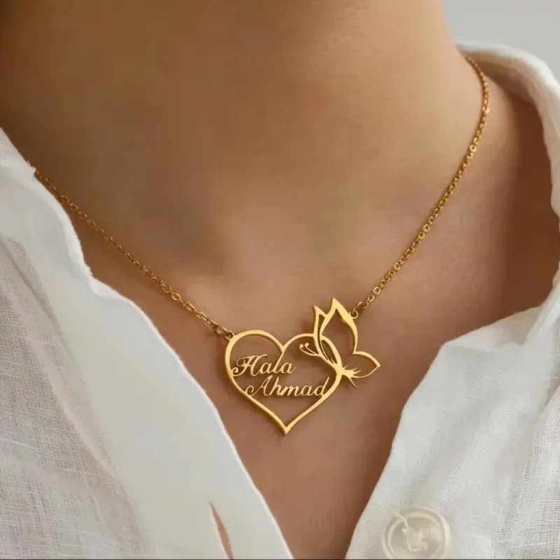 

Custom Two Name Heart Butterfly Necklace Stainless Steel Personalized Name Pendant Dainty Jewelry Gift for Mom Wife Girlfriend