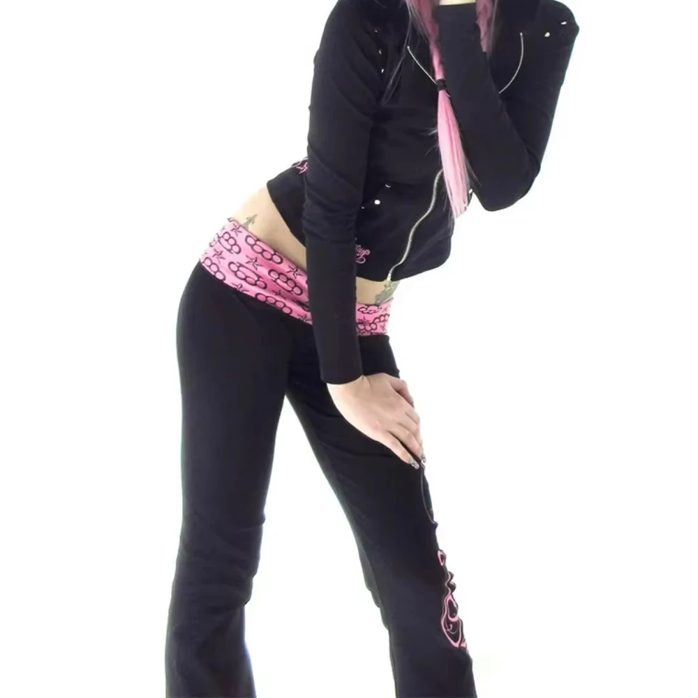 Y2K Gothic Sweet and Fashionable American Retro 2000s Letter Printed Bellbottom Pants Hip Hop Street Cool Girl Dress Emo Punk