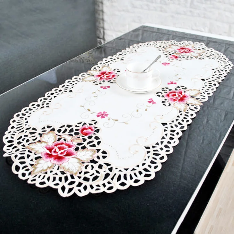 Embroidered 40*85cm Satin Fabric 1pcs Country Style Tablecloth Floral Lace Table Mat Decor High quality Practical