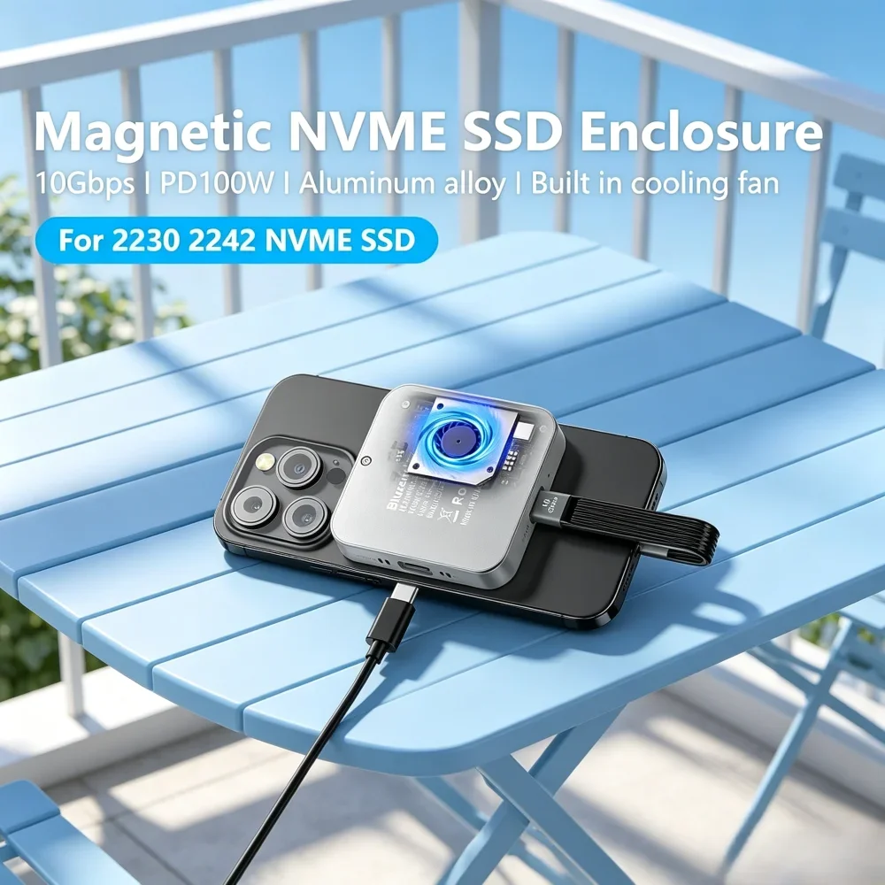 

Magnetic M.2 NVMe SSD Enclosure 2230 2242, 100W PD Charging with Cooling Fan
