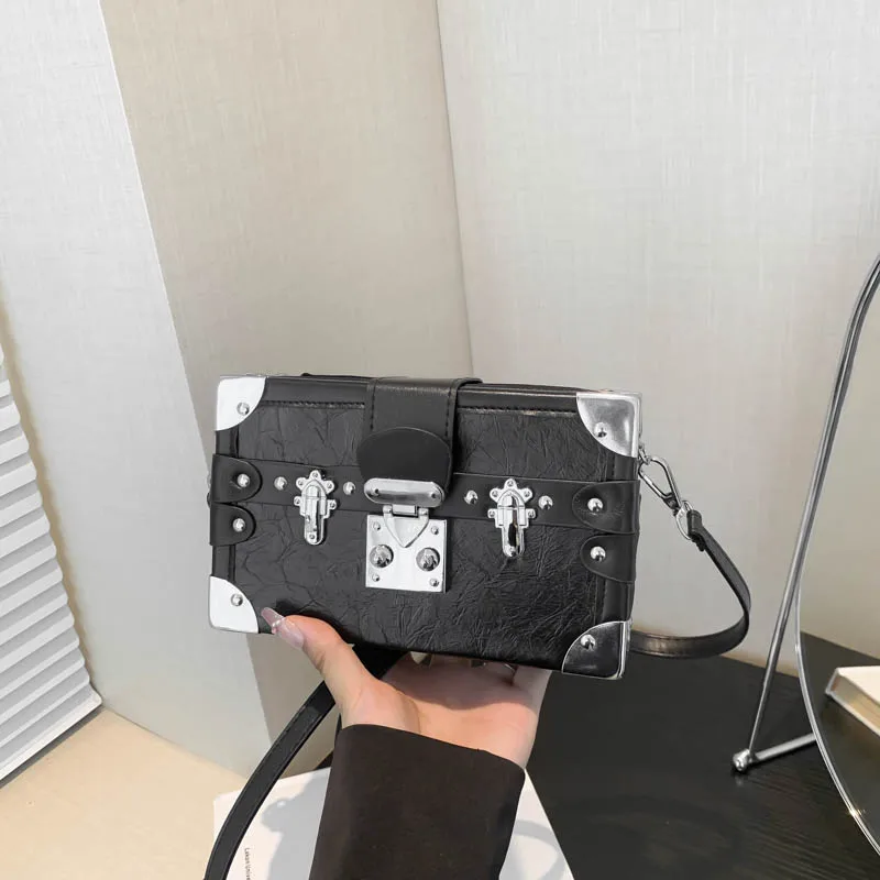 

Rivet Sewing Thread Lock Buckle Box Design Fashion PU Shoulder Bag Solid All-match Crossbody Bag Hot Sale Bags for Women
