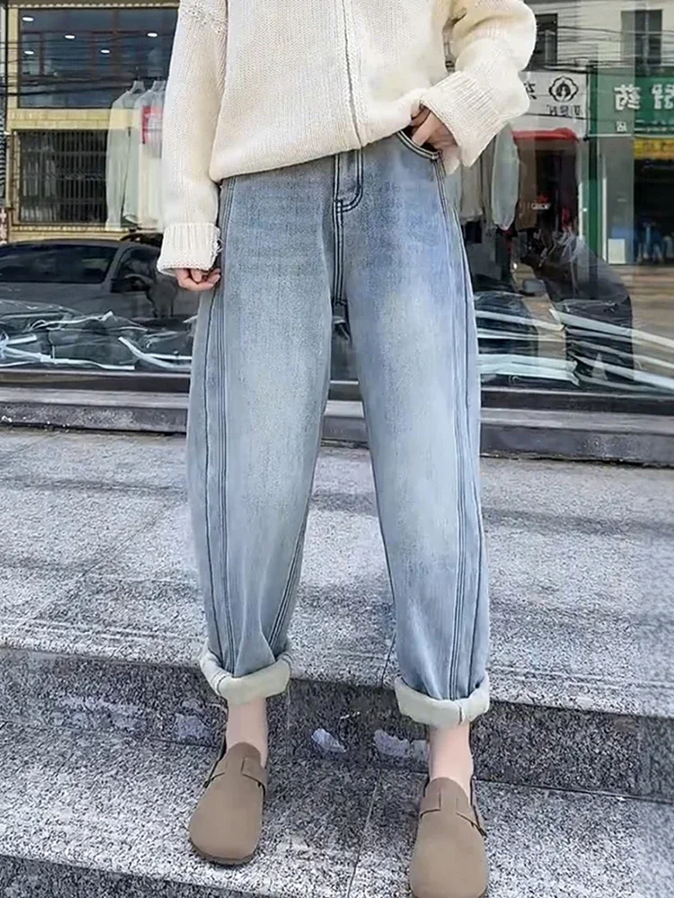 Women's Winter Fleece-Lined Thickened Jeans Slimming Straight-Leg Pants Pear-Shaped Wide-Leg Design For Plus Size Clot