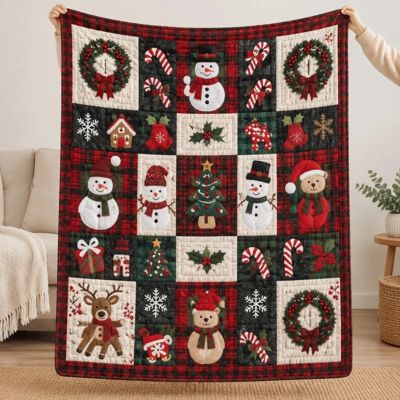 Christmas Quilt‑Style Patchwork Snowman Wreath Print Throw Blanket, Holiday Household Sofa Cover
