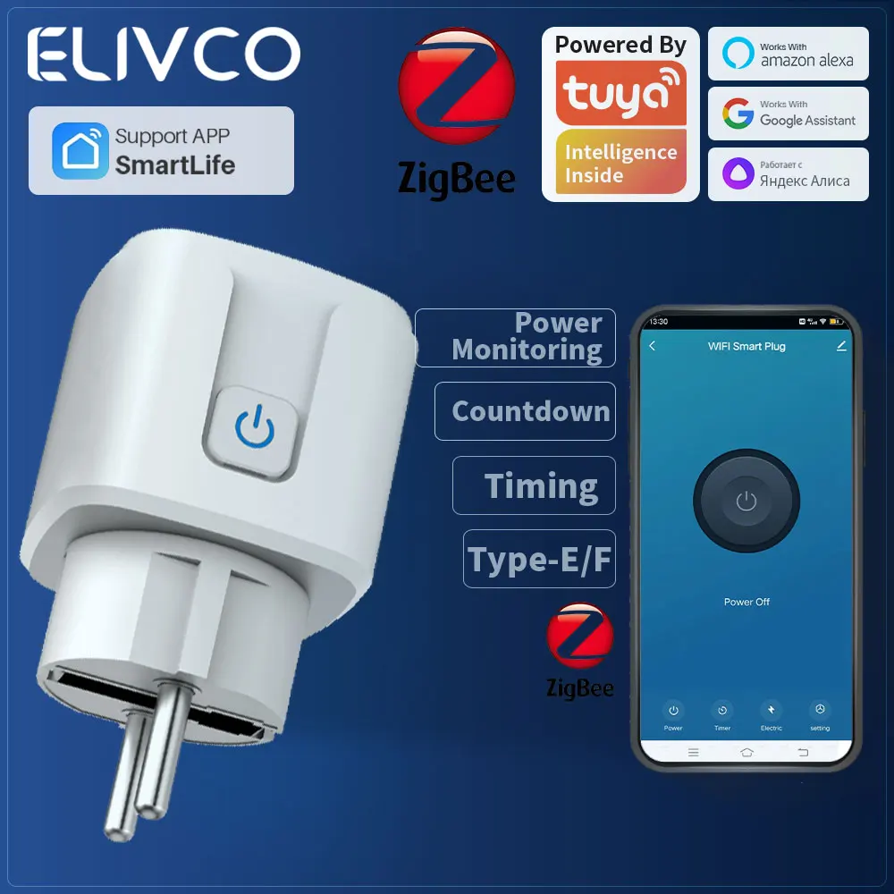 Tuya Smart Plug Zigbee Socket With Timing/Countdown/Power Monitoring Function, Supports /Google Assistant/Alexa/Yandex Alice