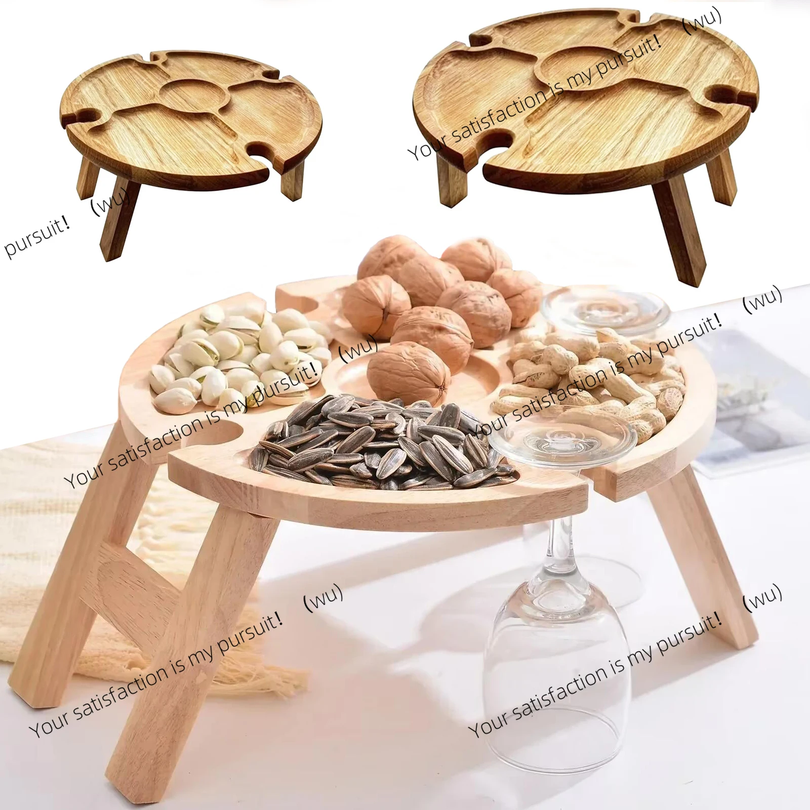 

High-quality foldable wooden picnic table with portable chairs, snack trays, wine holders, and kitchen containers.