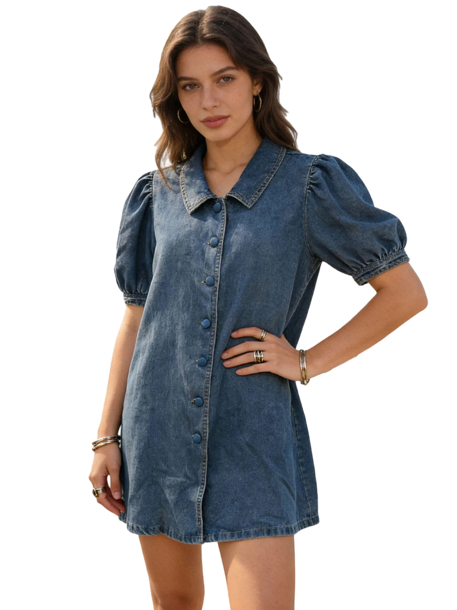 

Женское джинсовое платье-бэбидолл, элегантное однотонное мини-платье с короткими рукавами и воротником-куклой для вечеринок, свиданий и ночных мероприятий