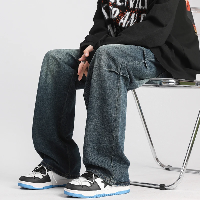 بنطلون جينز رجالي أمريكي عتيق Y2k ملابس الشارع الشهير بنطلون مستقيم مغسول موضة الصيف غير رسمية كاملة الطول من قماش الدنيم للرجال #2