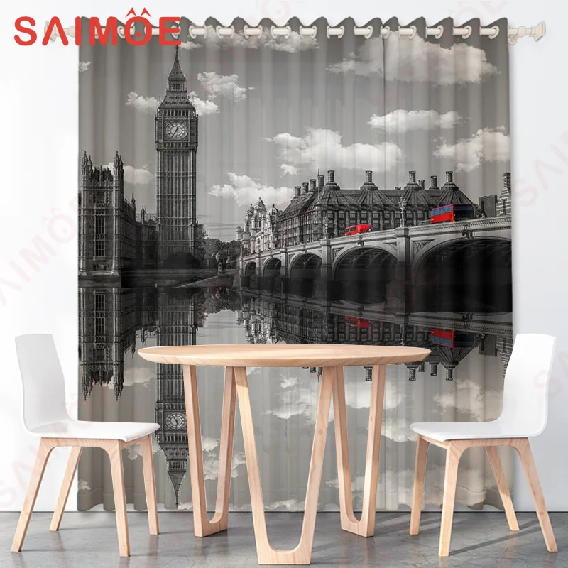 European and American Retro Street Building Curtains Big Ben Paris Tower Fireworks Thin Polyester Fabric Office Home Decorations