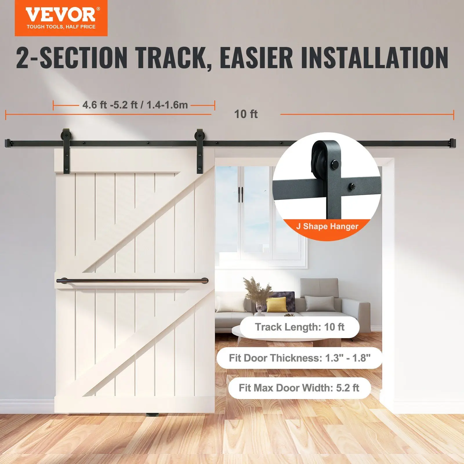 10FT Sliding Barn Door Hardware Kit, 330LBS Loading Heavy Duty Barn Door Track Kit for Single Door, Fit 4.6-5.2FT Wide and