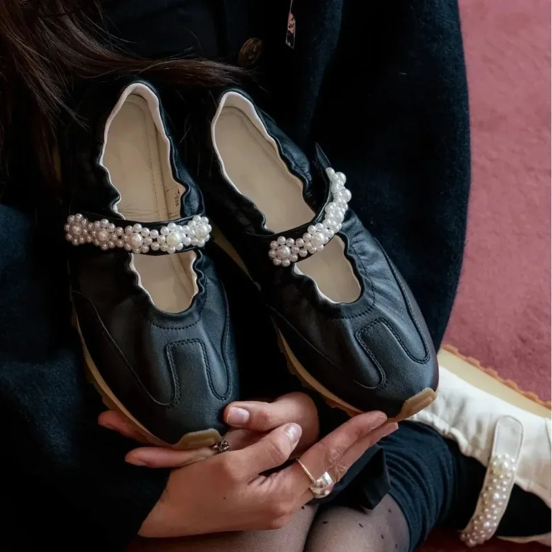

Retro Pearl Mary Jane Ballet Flat Shoes Women's Spring Autumn New Style Sports Casual Leather Dequanyi Rubber Bottom