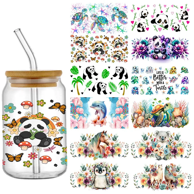 Animal Panda Turtle UV DTF Cup Wraps Transfer Sticker per 16OZ Glass Libbey Can Bottle autoadesivo lavabile fai da te personalizzato