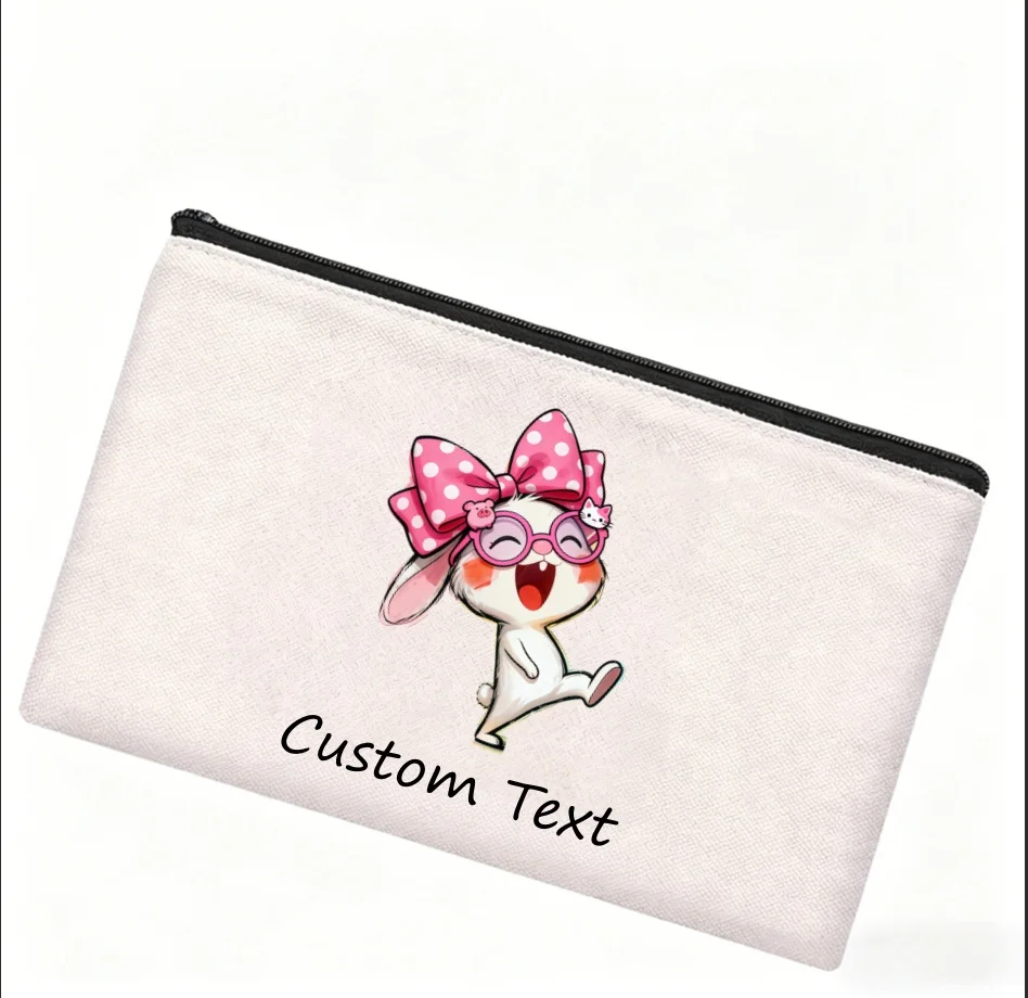 1PC Custom Text Cosmetic Bag Cute Bow‑knot Glasses Rabbit Print Zipper Makeup Pouch Canvas Travel Storage Pencil Case