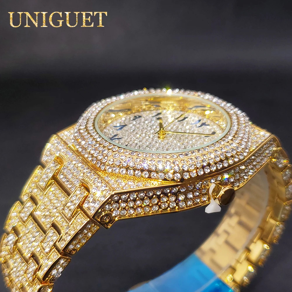 Gold Watch For Men Full Diamond Hip Hop Iced Out Men\'s Watches Blue Number Calendar Waterproof Octagonal Luxury Wristwatches