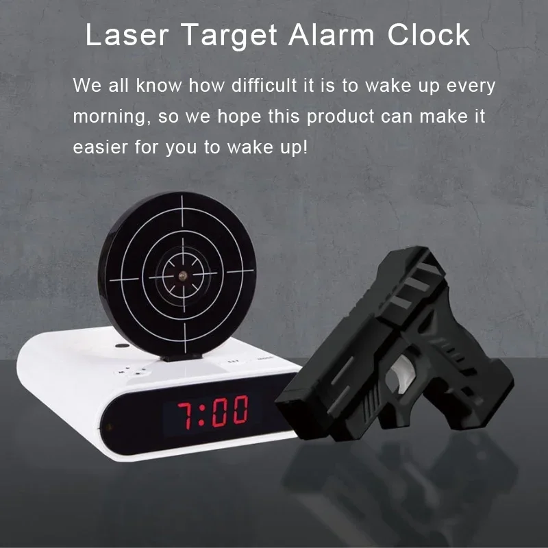 Target Shooting Electronic Alarm Clock, LED Pistol Shooting Student Lazy Recording Alarm Clock, Gun Model Desk Clock Digital