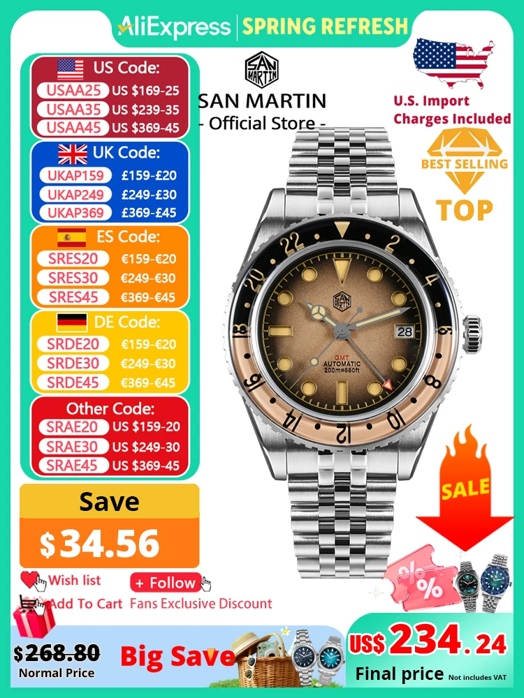 

San Martin 2025 Мужские часы Ретро NH34 GMT Сэндвич-циферблат 40 мм Двунаправленный сапфировый безель Роскошные спортивные часы 20 бар SN0134