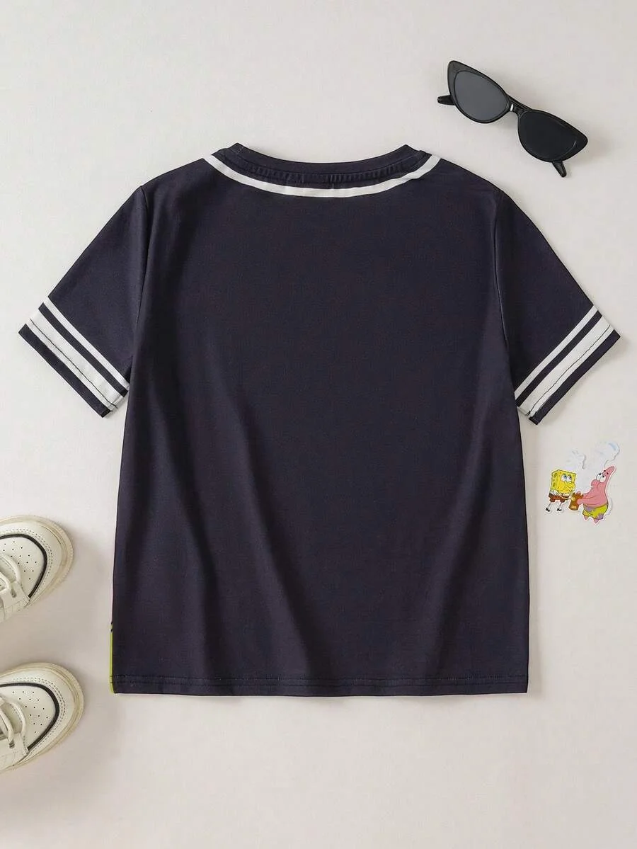 Sommerliches SpongeBob Schwammkopf T-Shirt in Marineblau mit großem Star Octopus Brother Aufdruck, Lässiges Kurzarm-Shirt – Detail 5