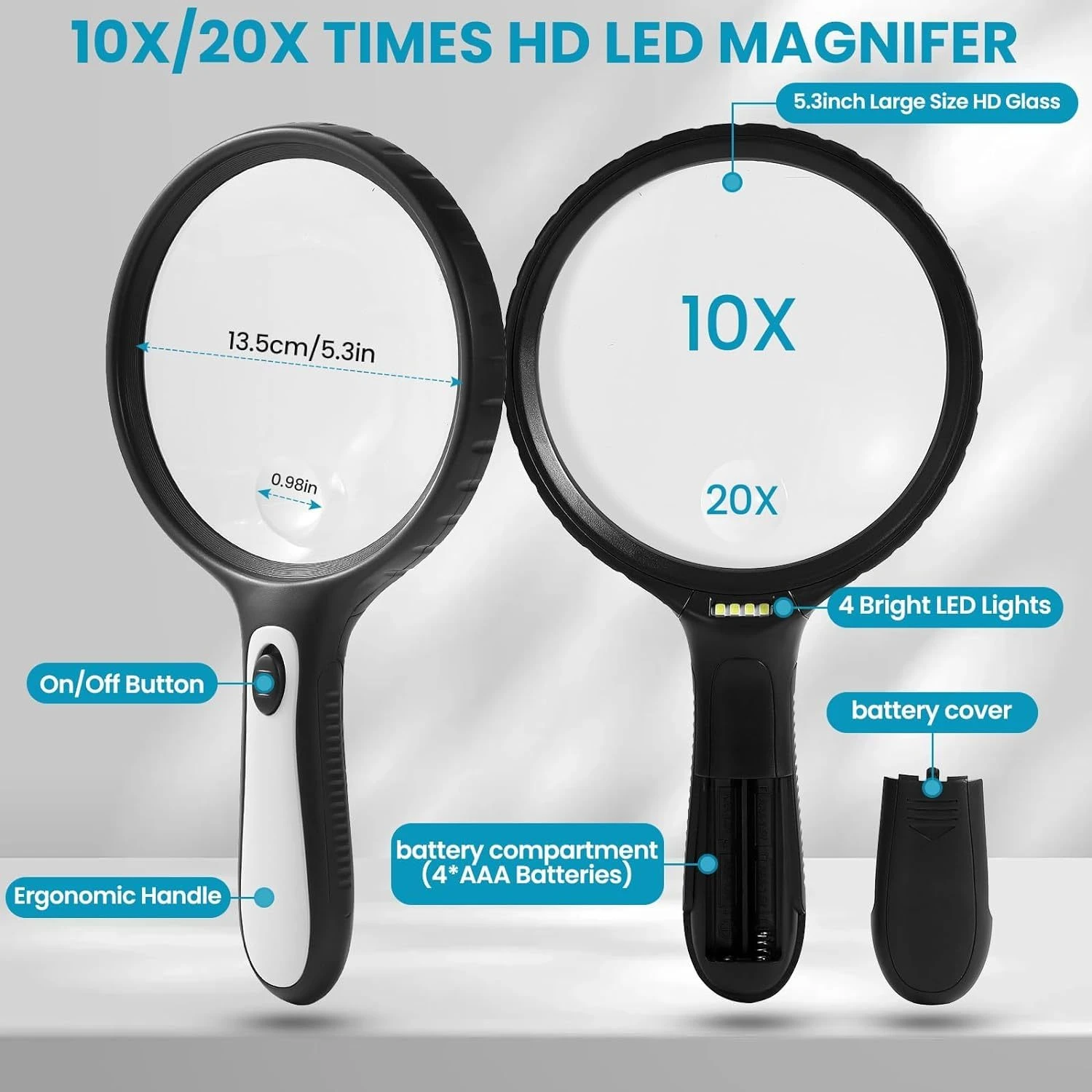 عدسة مكبرة كبيرة مع ضوء، عدسة مكبرة شفافة محمولة باليد 10 × 20 مع 4 مصابيح LED عالية السطوع، حقيبة مجانية، تنظيف