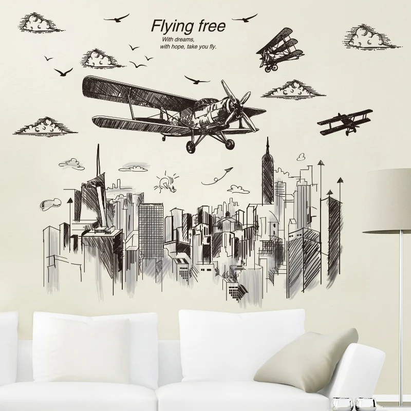 

Creative Sketch Type Airplane Wall Stickers DIY Tall Buildings Mural Decals for Living Room Kids Bedroom Nursery Home Decoration