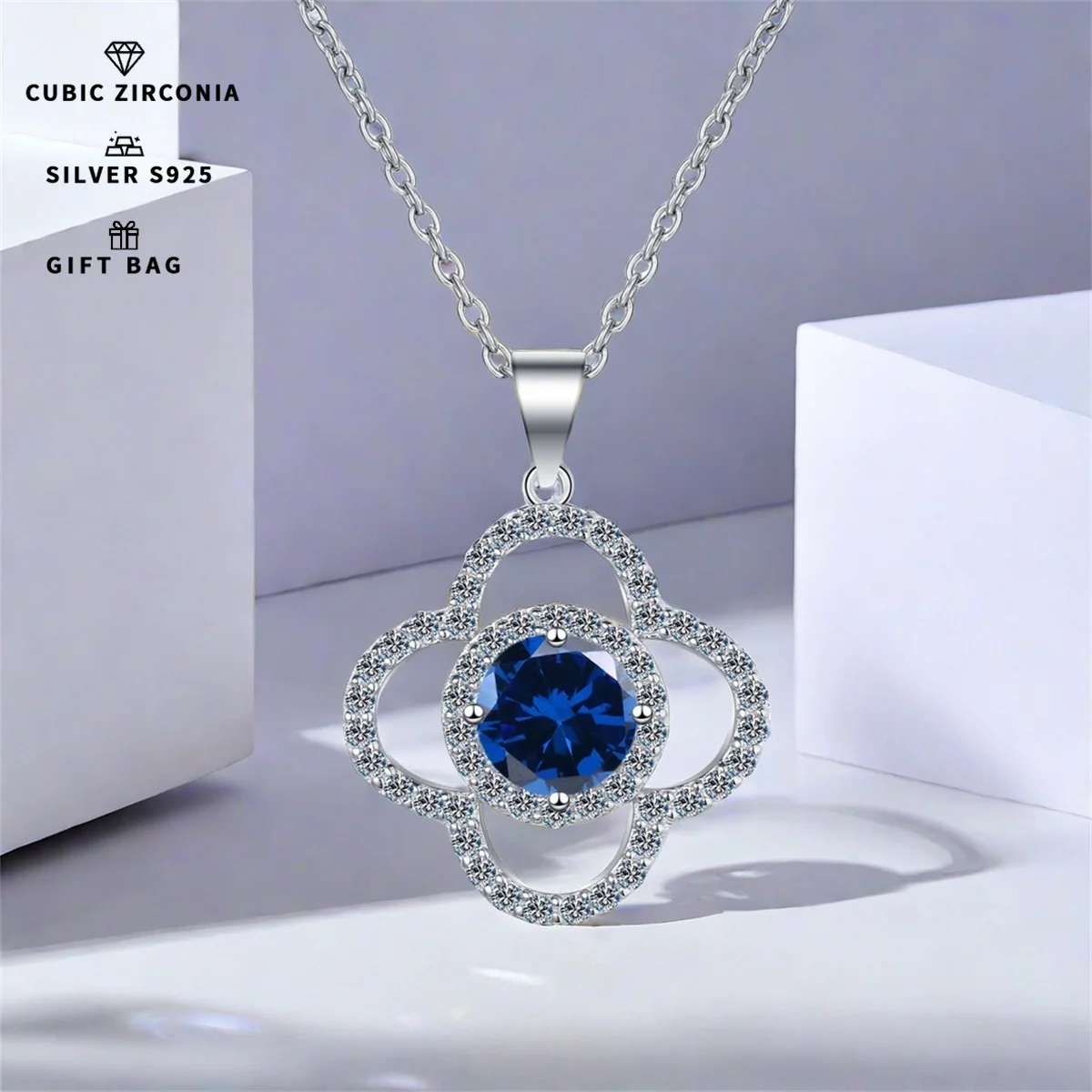 S925 silver Platinum plating inlaid with Tanzanite blue zircon Four-Leaf Clover round pendant,clavicle chain necklace women