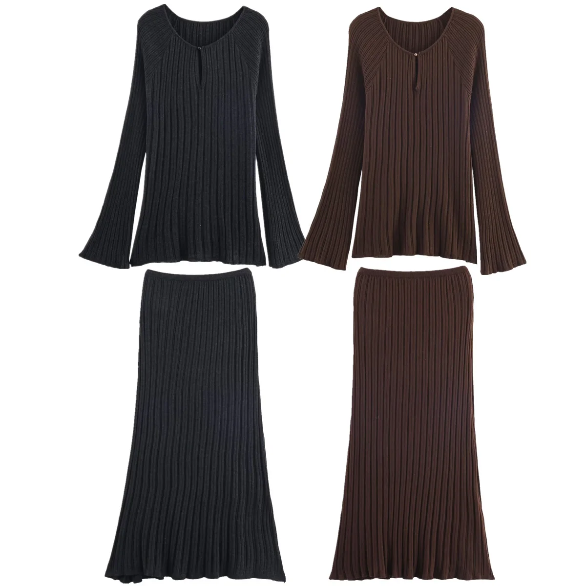 

Dave&Di женский свитер, трикотаж, женская одежда, топы, французский минималистичный комплект с трикотажной юбкой в рубчик, комплект из двух предметов, женский костюм