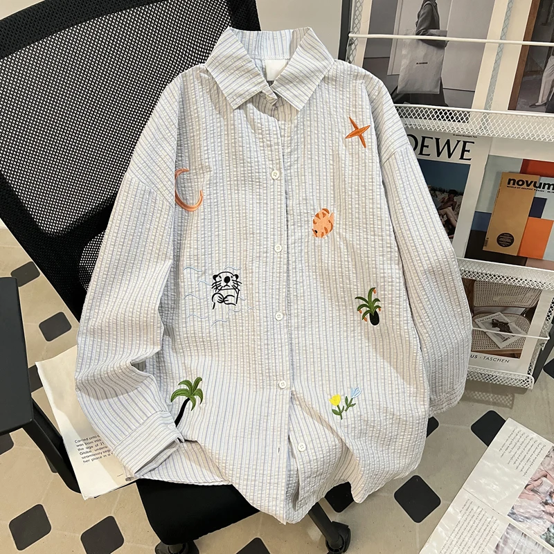 

plus Size Women's Long Sleeve Embroidered Shirt Loose Fit Layering Top T-Shirt Autumn Spring Fashion Korean Style Casual Wear